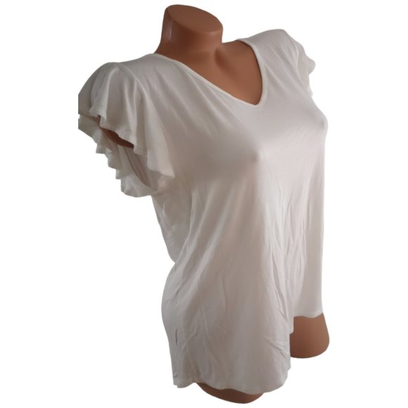White Cable and Gouge Viscose Flutter Sleeves Tshirt Top XL - Picture 1 of 3